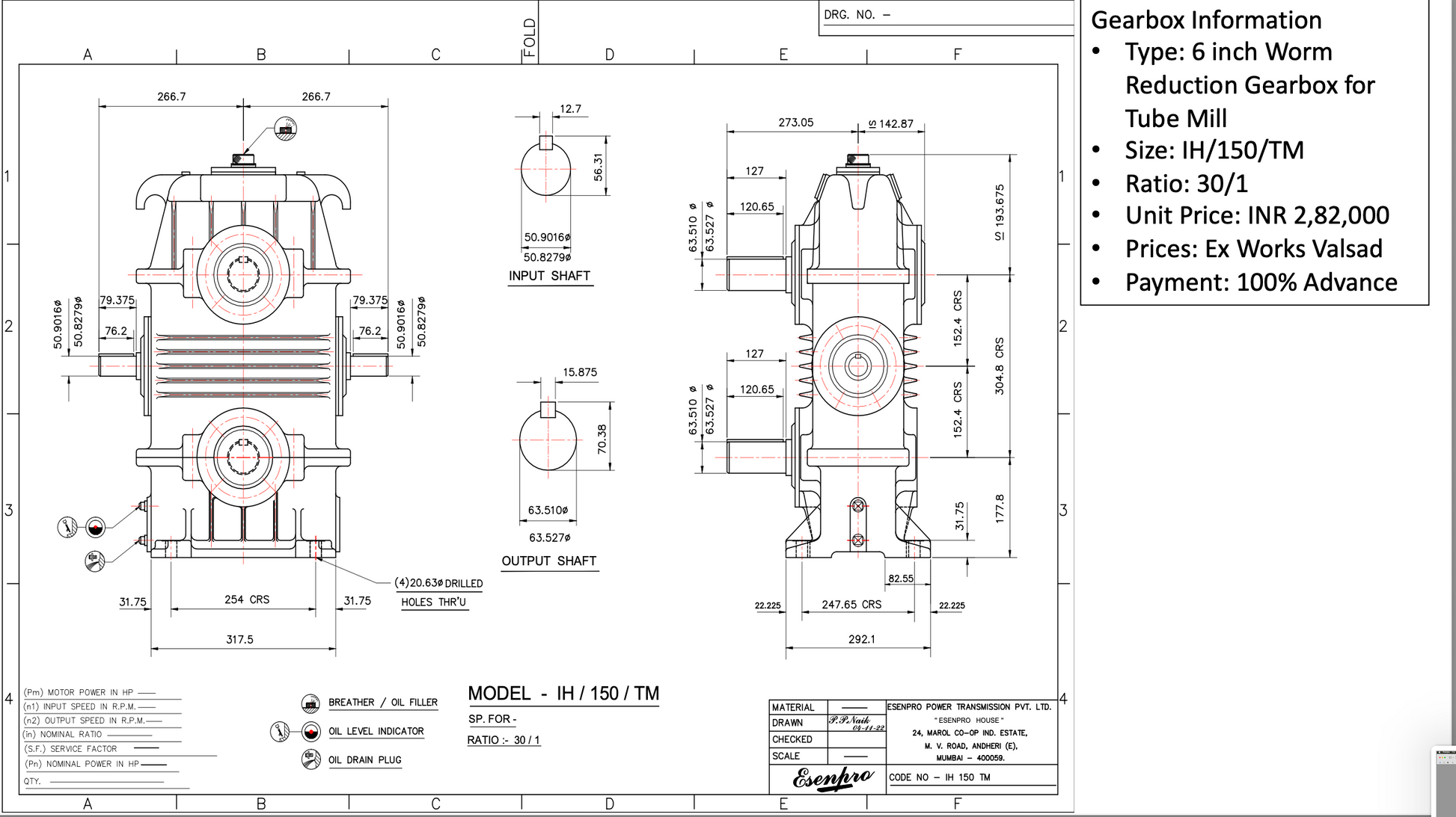 Dimension of Worm Reduction Gear Box