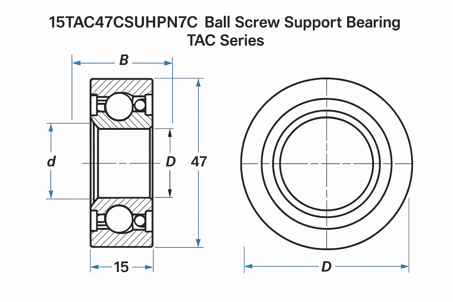15TAC47CSUHPN7C Ball Screw Support Bearing. TAC Series Dimensions