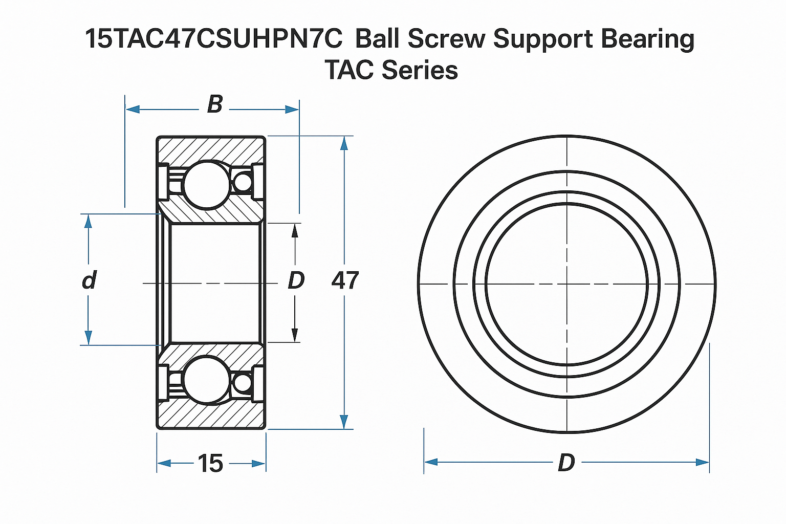 15TAC47CSUHPN7C Ball Screw Support Bearing. TAC Series Dimensions