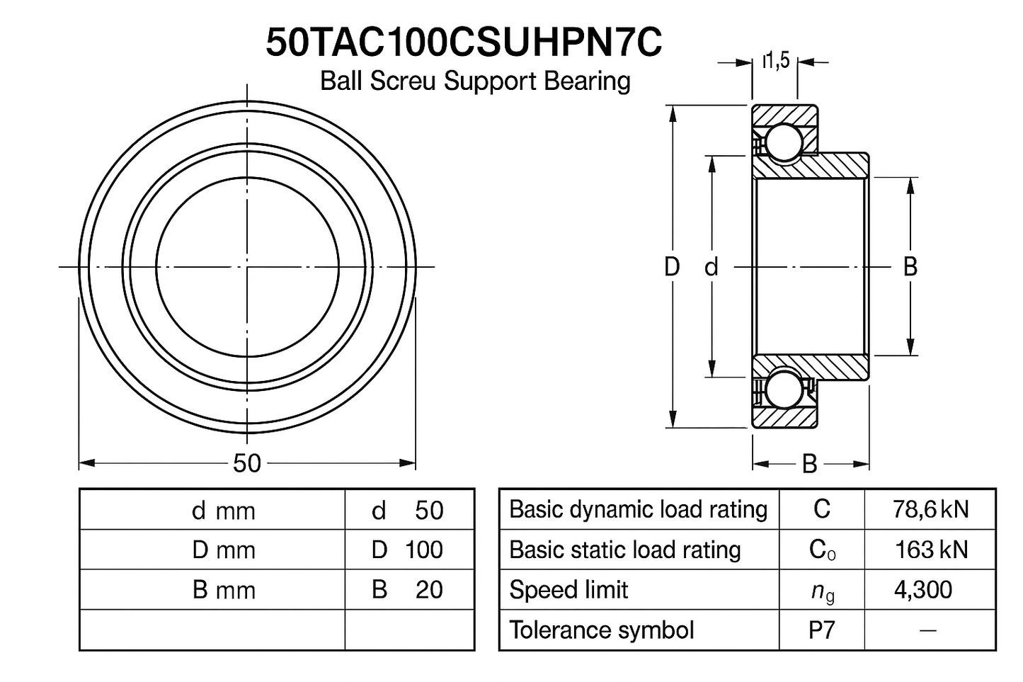 50TAC100CSUHPN7C Ball Screw Support Bearing. TAC Series DIMENSIONS