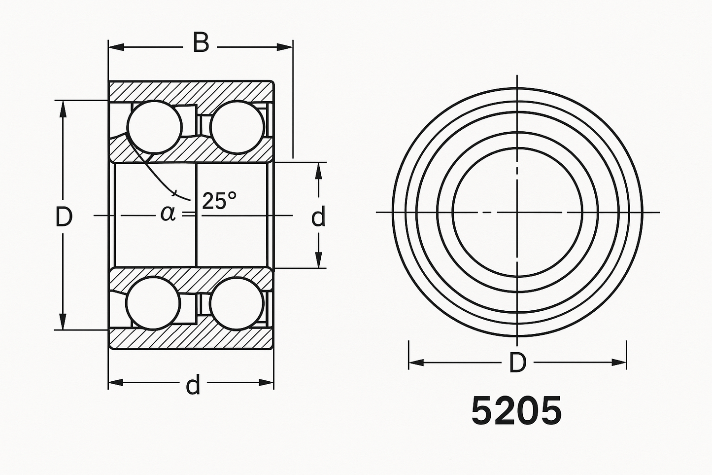 5205 5 Series Angular Contact bearing dimensions