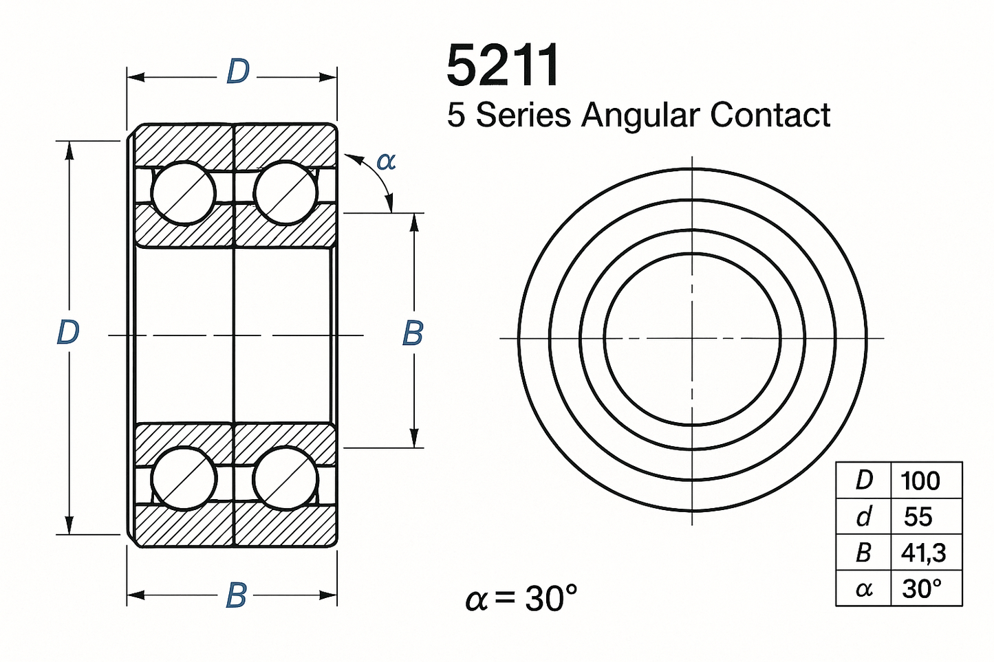 5211 5 Series Angular Contact bearing dimensions