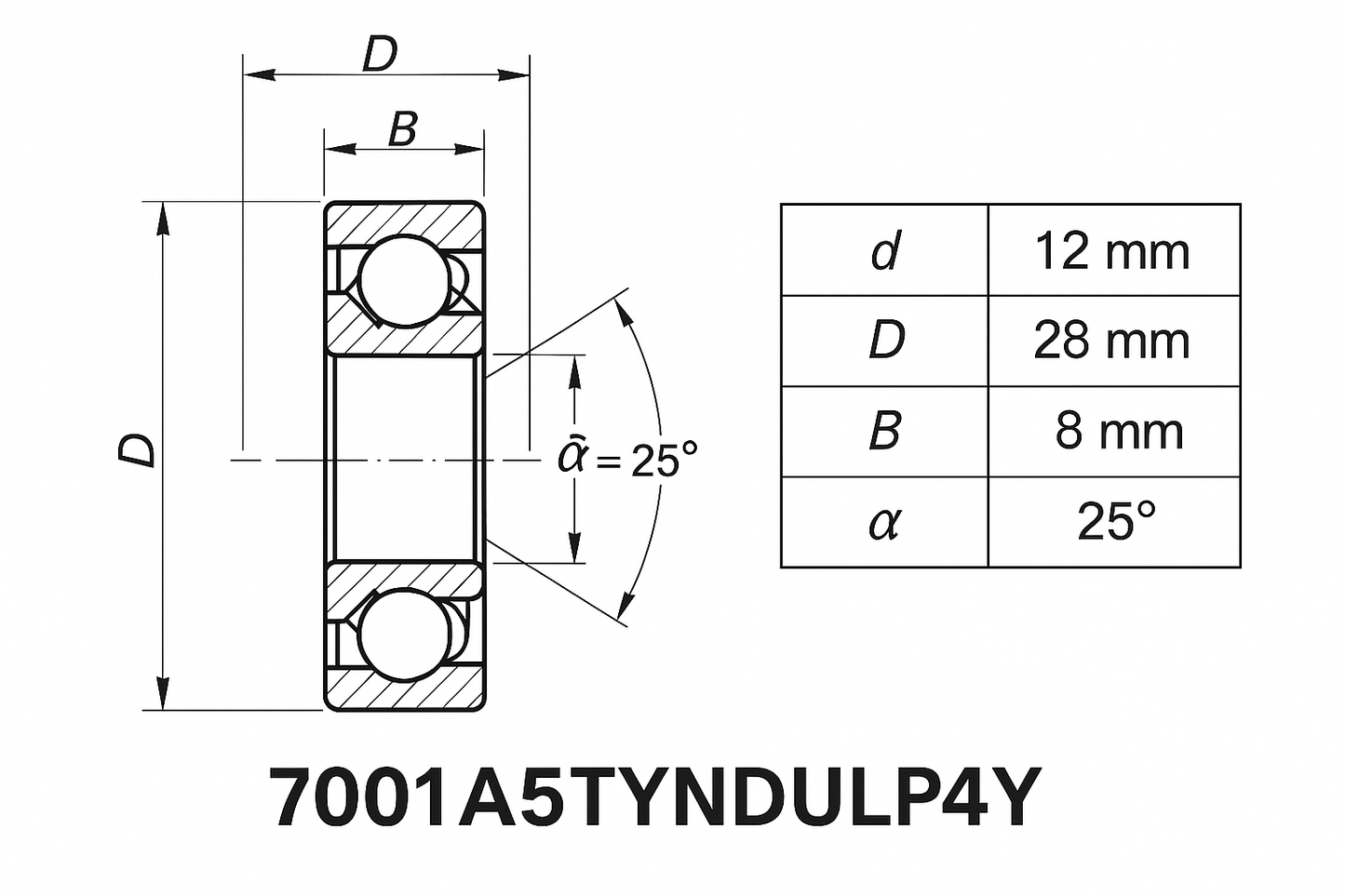 7001A5TYNDULP4Y Angular Contact Ball Bearings - 70 Series (Part # starting 7000-7014) dimensions