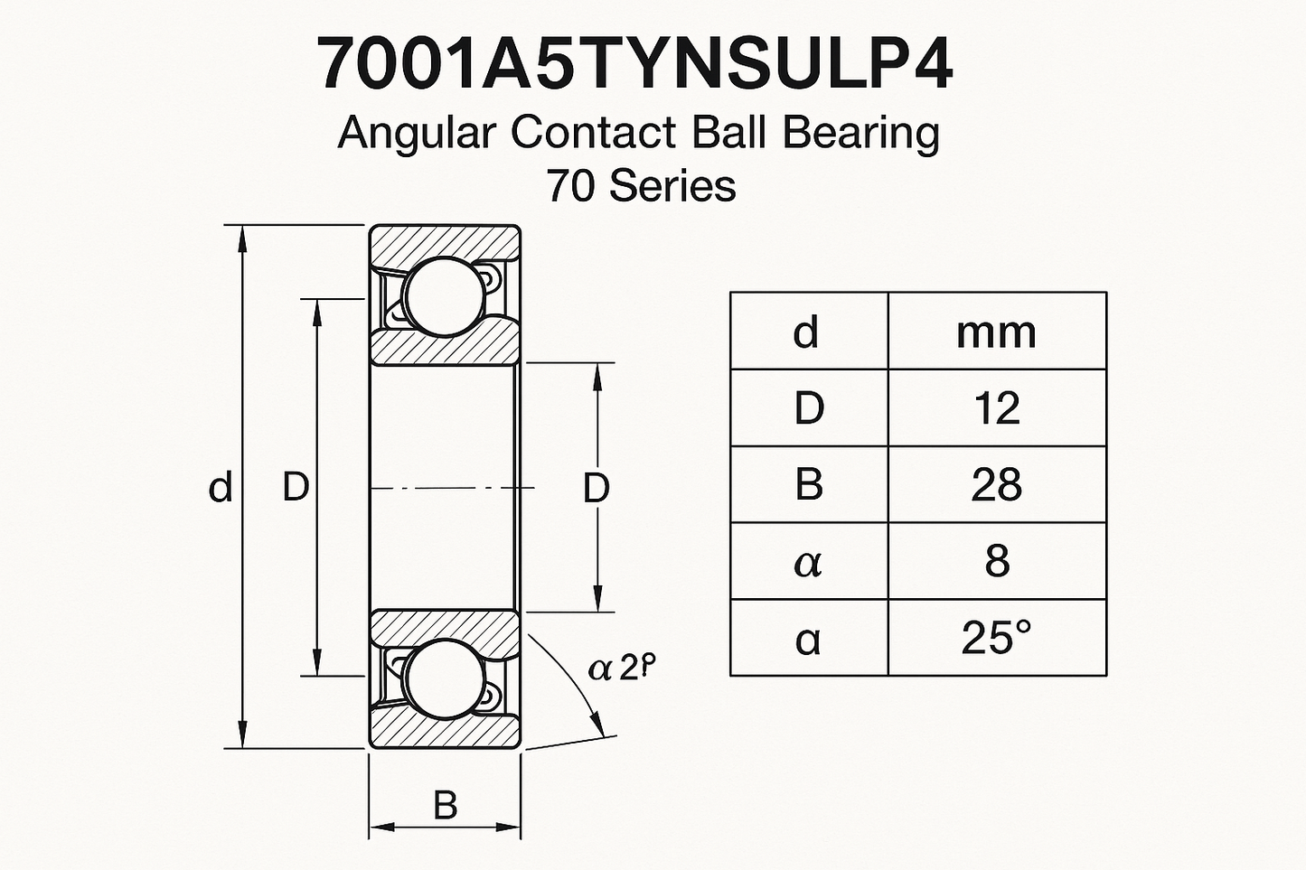 7001A5TYNSULP4 Angular Contact Ball Bearings - 70 Series (Part # starting 7000-7014) dimensions 