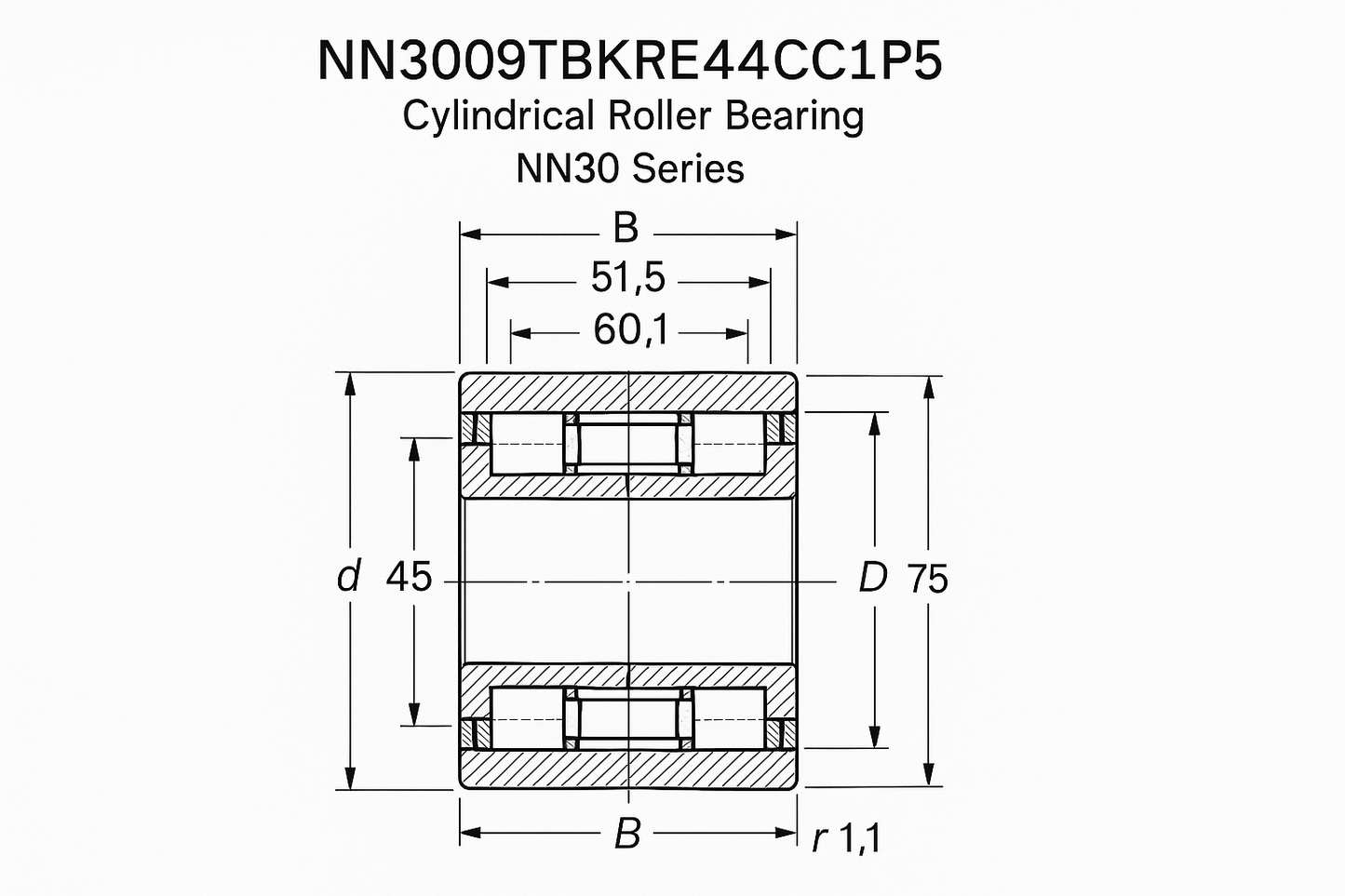NN3009TBKRE44CC1P5 Cylindrical Roller Bearing NN30 Series 05-17 series DIMENSIONS