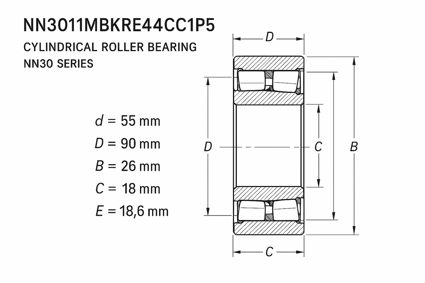 NN3011MBKRE44CC1P5 Cylindrical Roller Bearing NN30 Series 05-17 series DIMENSIONS