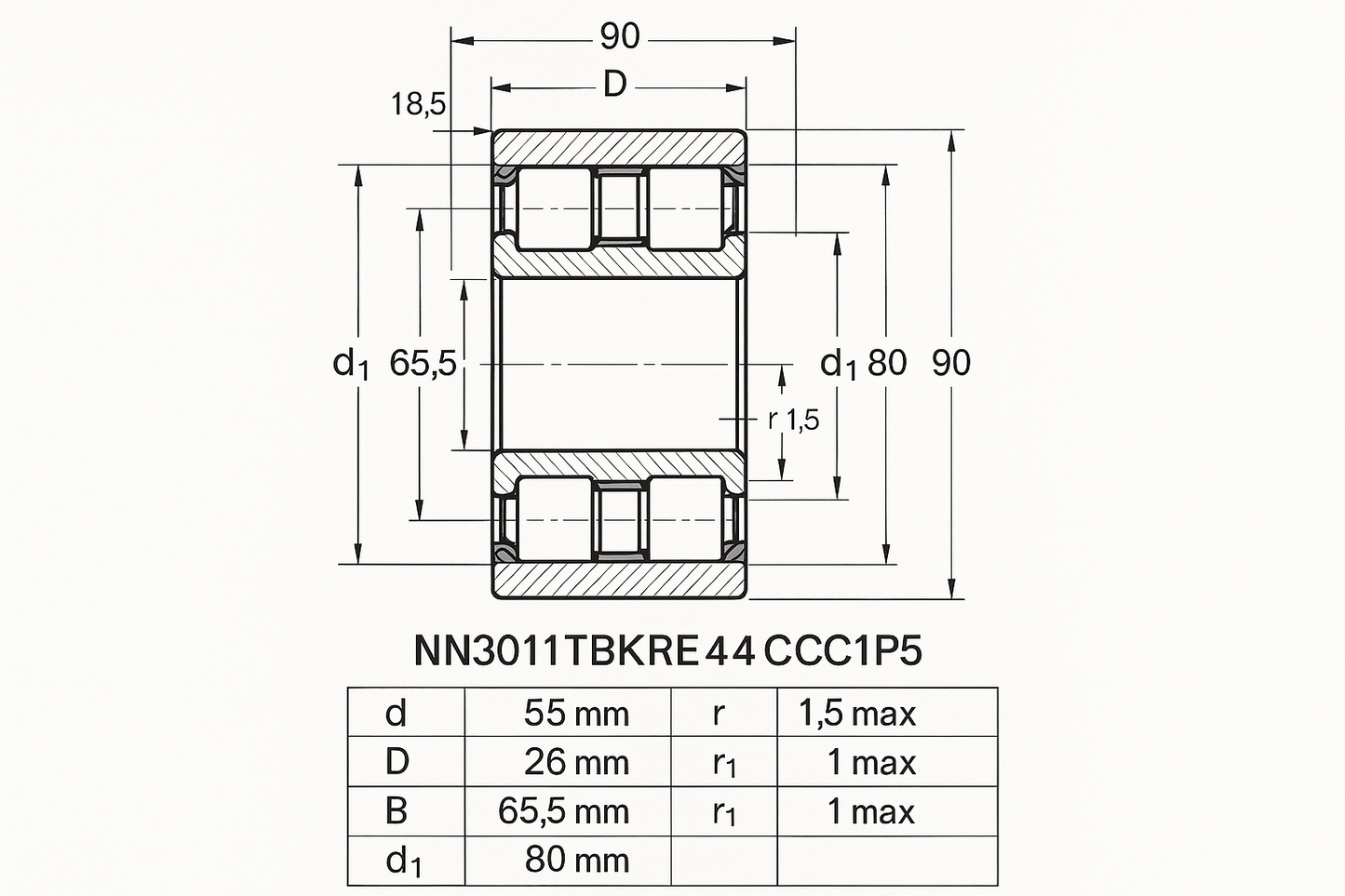 NN3011TBKRE44CC1P5 Cylindrical Roller Bearing NN30 Series 05-17 series DIMENSIONS