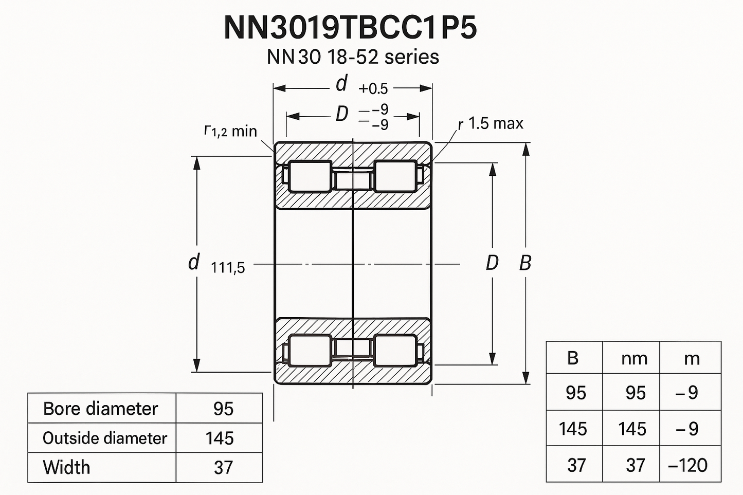 NN3019TBCC1P5 Cylindrical Roller bearing NN30 18-52 series DIMENSIONS