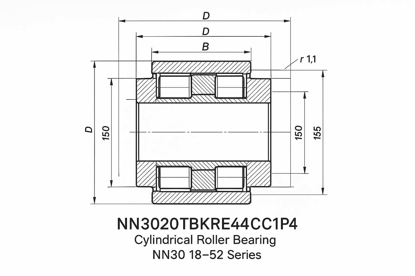 NN3020TBKRE44CC1P4 Cylindrical Roller bearing NN30 18-52 series dimensions