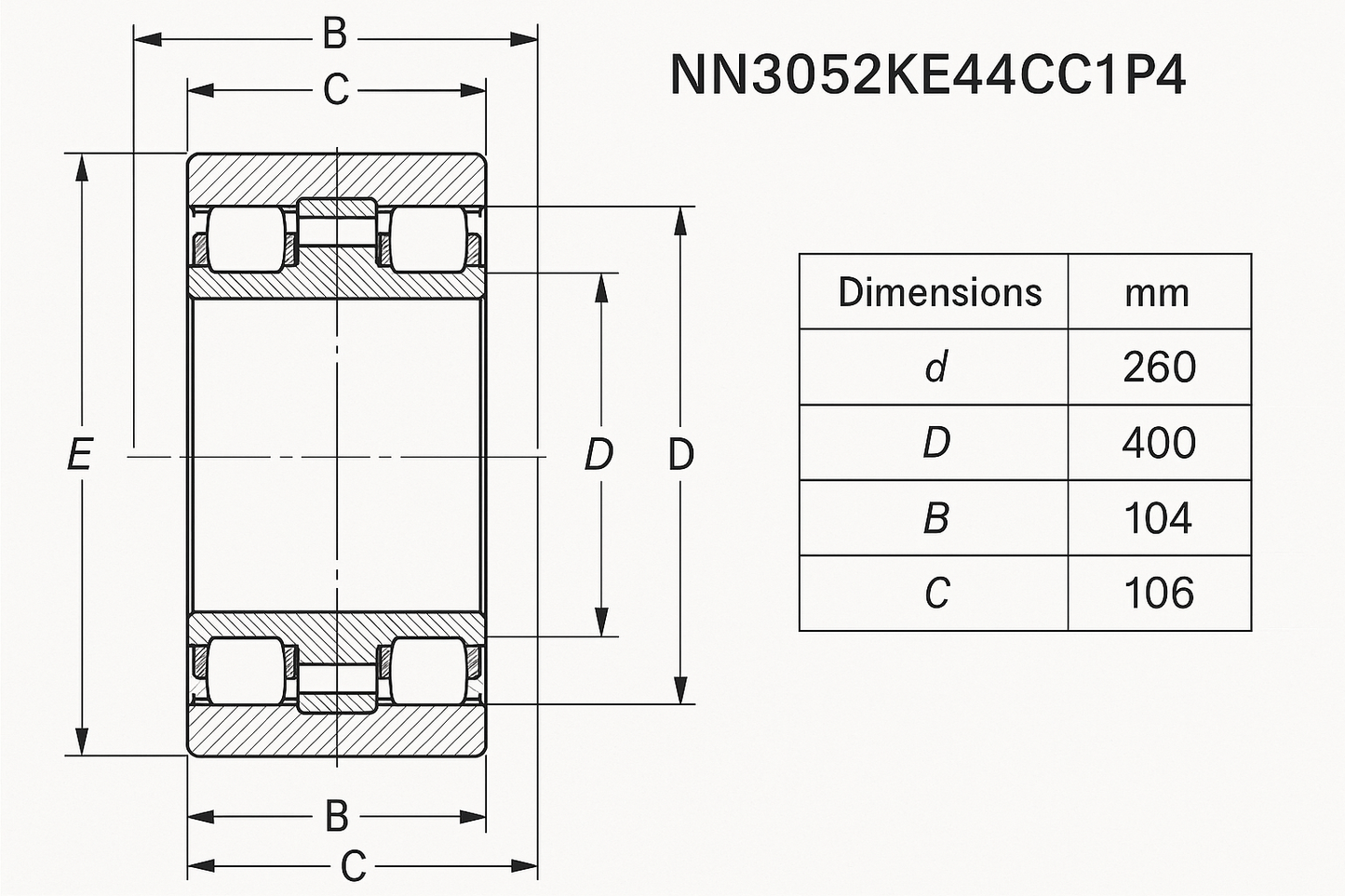 NN3052KE44CC1P4 Cylindrical Roller bearing NN30 18-52 series DIMENSIONS